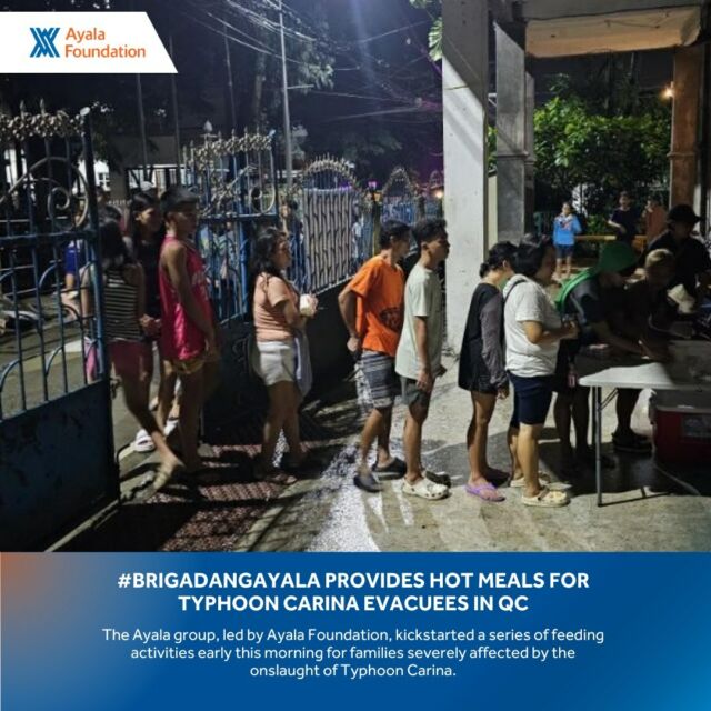 #BrigadangAyala provides hot meals for #CarinaPH evacuees in QC

The Ayala group, led by Ayala Foundation, kickstarted a series of feeding activities early this morning for families severely affected by the onslaught of Typhoon Carina. As many as 500 families staying in three evacuation centers in Bagong Silangan, Quezon City, received hot meals prepared by volunteers from the community. 

In the next few days, Ayala Foundation will be working closely with partners, local government units, and the rest of the Ayala group in providing food assistance for families living in communities severely hit by the typhoon. 

You can support our efforts and help us reach more people by making a donation through our various channels.

Ayala Foundation’s campaigns are authorized through DSWD Solicitation Permit No. DSWD-SB-SP-00037-2023, Valid nationwide until November 2, 2024.