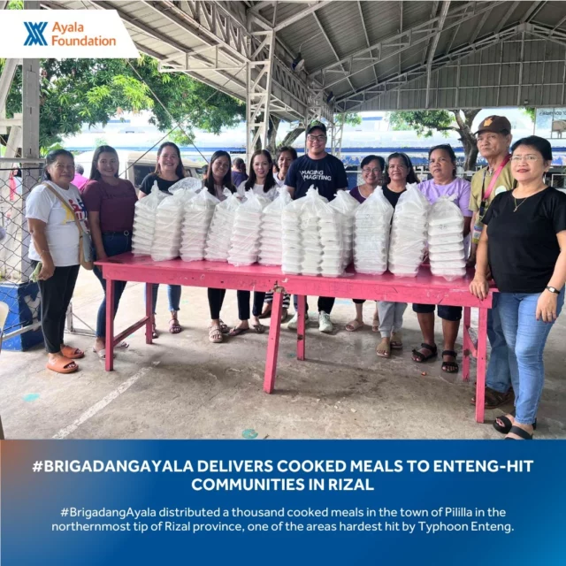 #BrigadangAyala distributed a thousand cooked meals in the town of Pililla on the northernmost tip of Rizal province, one of the areas hardest hit by Typhoon #EntengPH. Residents who lost their homes managed to put up makeshift ones along the highway, as some struggled to salvage what they could from as most of their personal belongings were washed away.

Over the past few days, heavy rains spawned by the southwest monsoon (habagat) and the typhoon pummeled Metro Manila and the majority of Calabarzon (Cavite, Laguna, Batangas, Rizal, Quezon), even resulting in casualties due to landslides.

Ayala Foundation continues to monitor the situation, not only in Rizal but in Bicol, especially Naga, and other areas where the typhoon is expected to make landfall.

Our local and international donation channels remain open for those who want to support our operations.